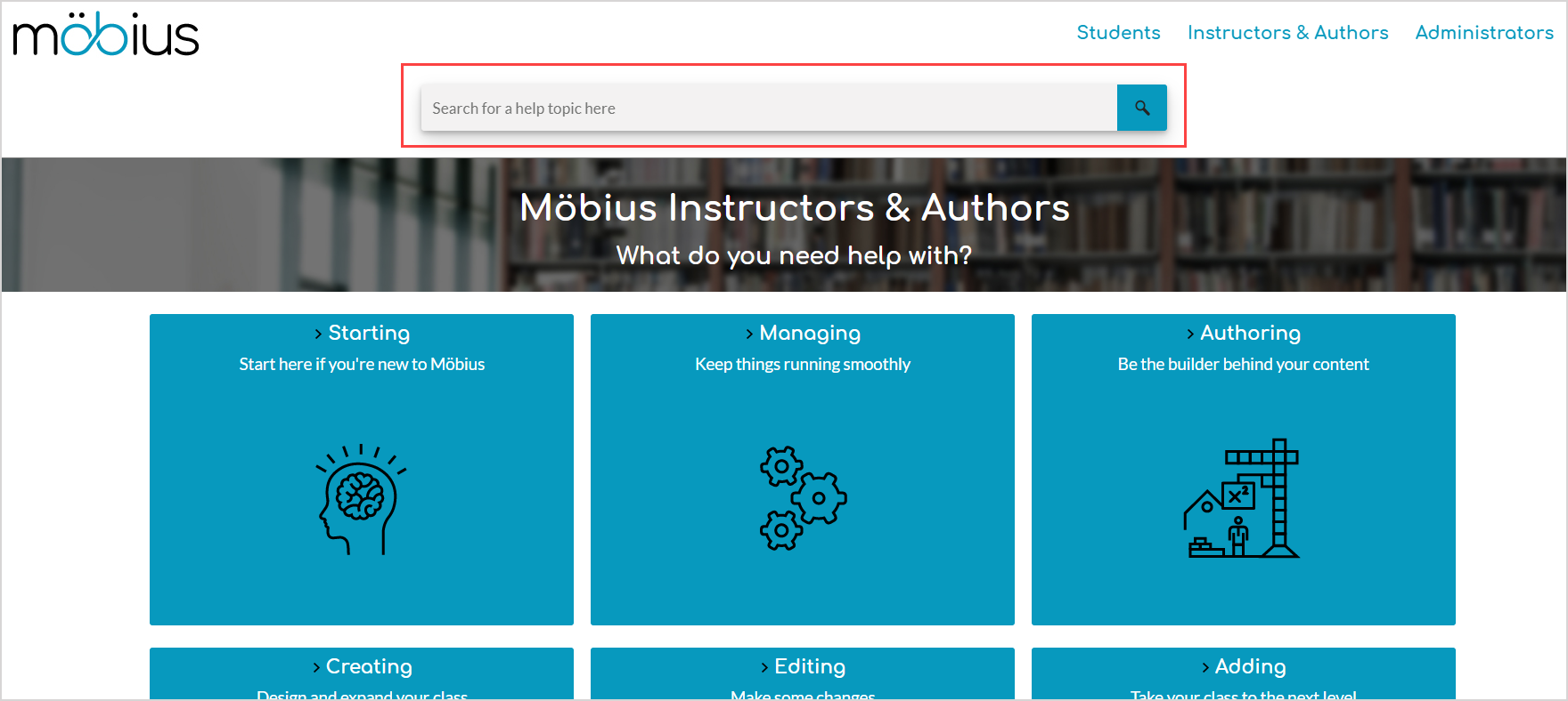 There's a search bar at the top of the Mobius Instructor Online Help page.